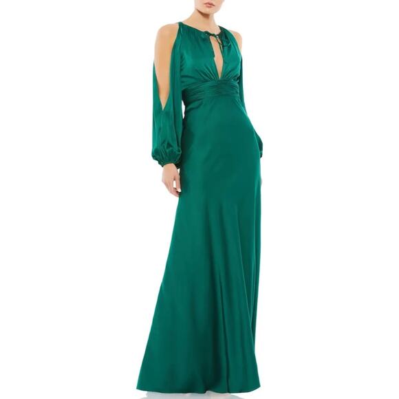 Mac Duggal Gown 55397 Emerald Green Plunge Neck Long Sleeve Satin Sheath 4 NWT - Picture 1 of 7